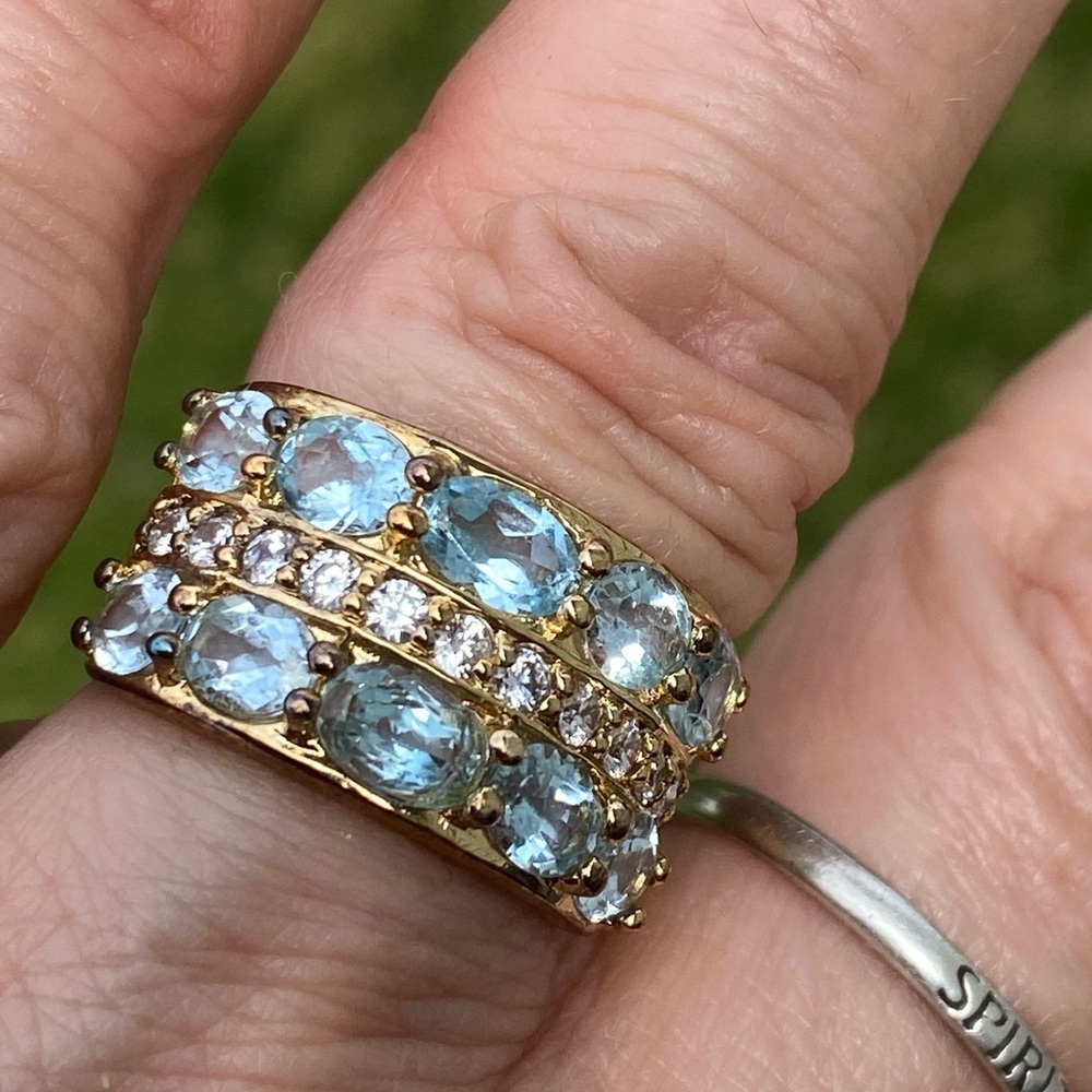 Blue Topaz white CZ wide gold plated ring 10 oval blue topaz